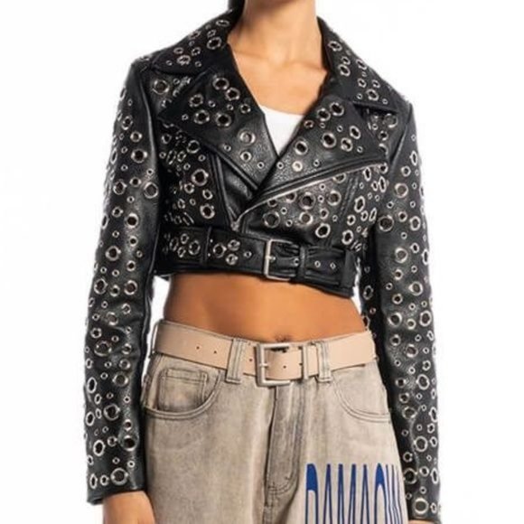 Miz 360: Circle of Life Cropped Grommet Vegan Leather Moto Jacket Large - Picture 9 of 13